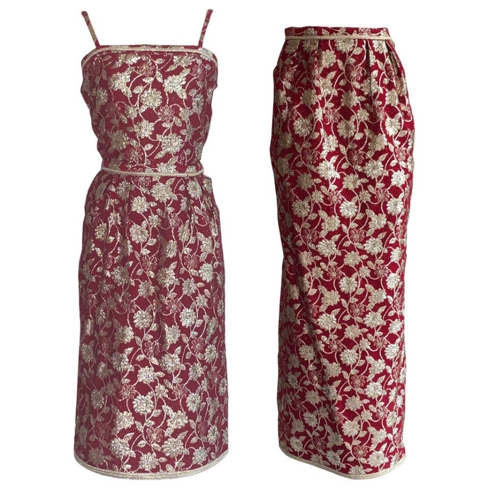 Adolfo 1970s Three Piece Red and Metallic Midi or Maxi Skirt and Tank Dress Set